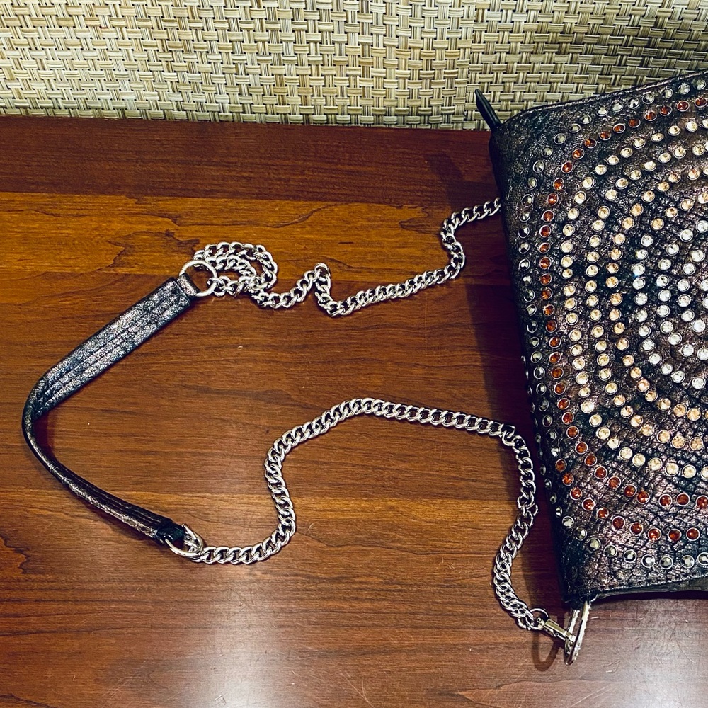 🌟HP🌟EUC Blue Elegance Studded Chrystal Taupe Faux Ostrich Shoulder Bag - Picture 10 of 16